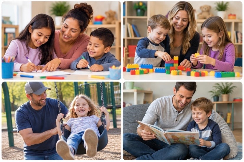 Parent and children engaged in warm family activities during a supervised visit