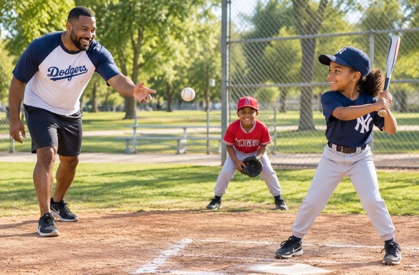 Parent and children playing baseball at a park during a supervised visit