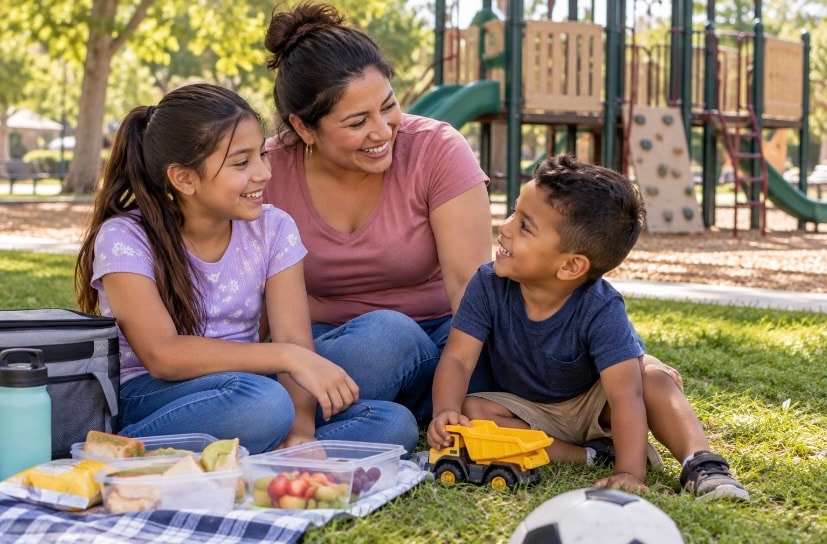Mother and children enjoying a picnic at a park during a supervised visit